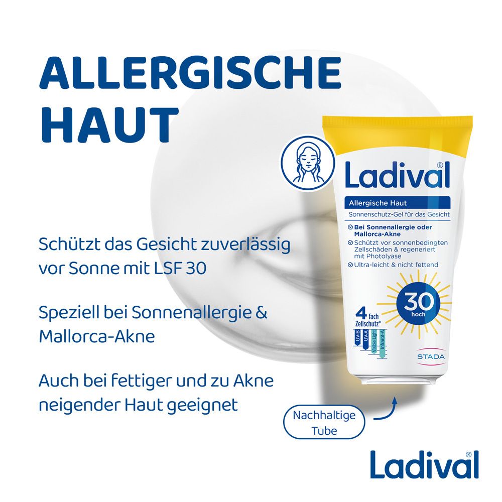 Ladival® Sonnenschutz-Gel Gesicht neben einer Abbildung. Text: Allergische Haut, schützt vor Sonne mit LSF 30, geeignet für Akne.