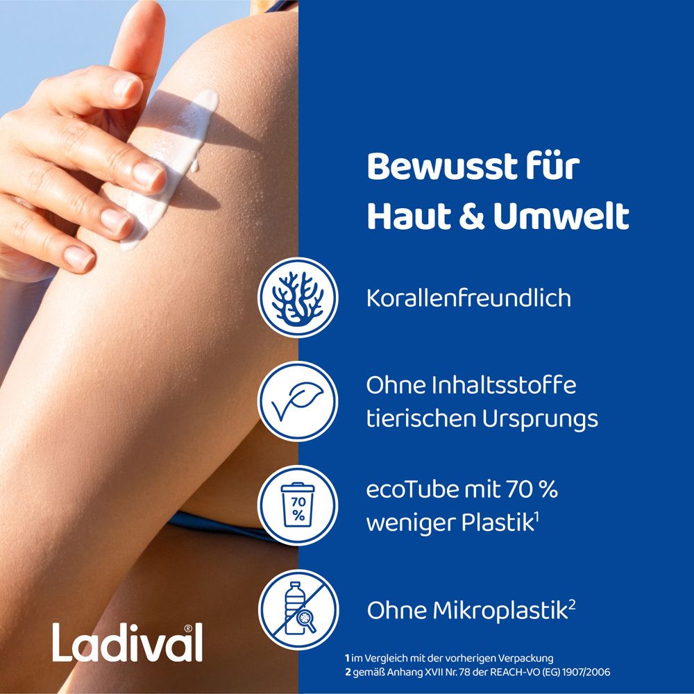 Text: Bewusst für Haut & Umwelt. Korallenfreundlich, ohne tierische Inhaltsstoffe, ecoTube mit weniger Plastik, ohne Mikroplastik.