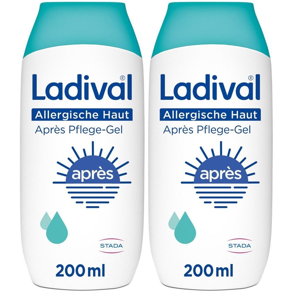 Zwei Flaschen Ladival Allergische Haut Après Pflege-Gel. Weiße Flaschen mit blauem Deckel. Aufschrift und Logo.
