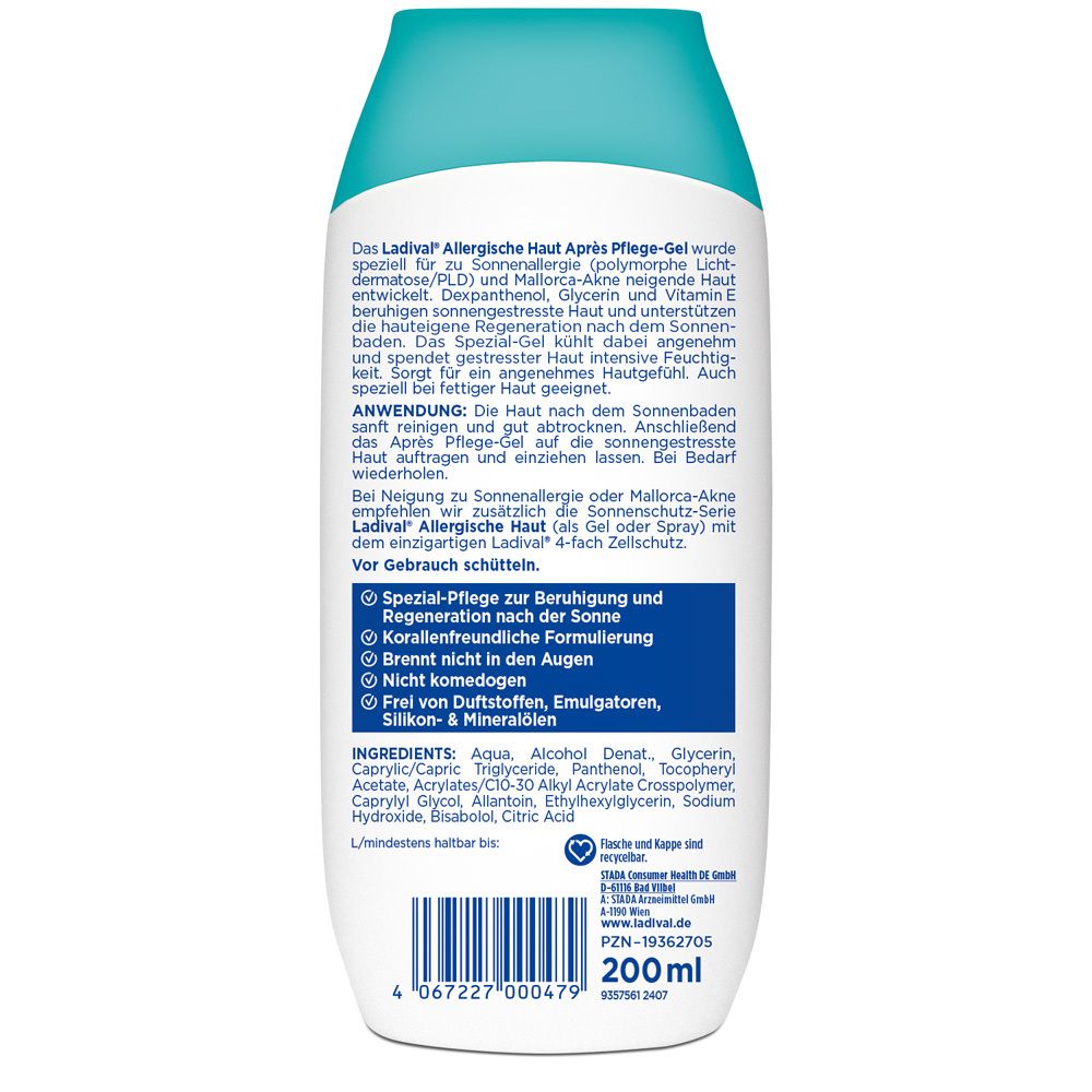 Rückseite der Ladival® Après Pflege-Gel Flasche. Text in deutscher Sprache. Inhaltsstoffe und Informationen zum Produkt.