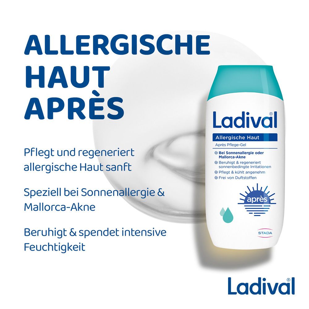 Produktabbildung: Ladival® Allergische Haut Après Pflege-Gel. Text: Pflegt und regeneriert allergische Haut. Gelbe und blaue Gestaltung.