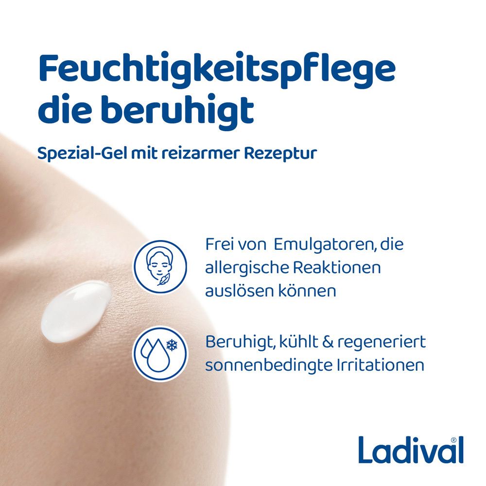 Nahaufnahme einer Hand, die Après Pflege-Gel aufträgt. Text: Feuchtigkeitspflege, die beruhigt. Gelber Hintergrund.