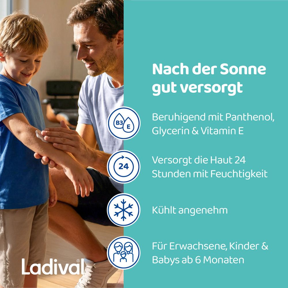 Vater trägt Après Pflege-Gel auf Arm seines Sohnes auf. Text: Nach der Sonne gut versorgt. Türkis Hintergrund.