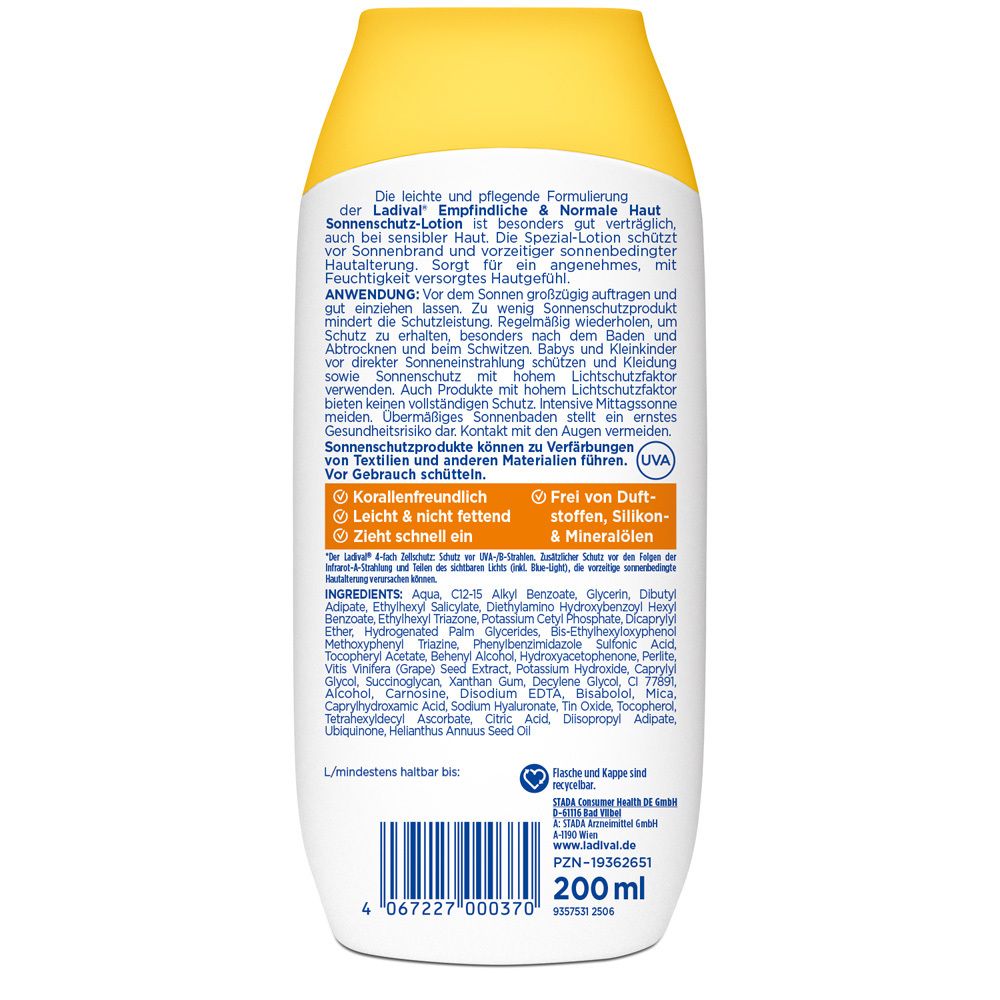 Rückseite der Ladival® Sonnenschutz-Lotion. Text in deutscher Sprache. Inhaltsstoffe und Anwendungshinweise.