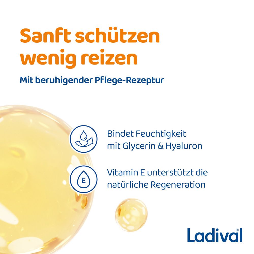 Nahaufnahme einer Flüssigkeit mit Icons. Text: Bindet Feuchtigkeit mit Glycerin & Hyaluron. Vitamin E unterstützt die natürliche Regeneration.