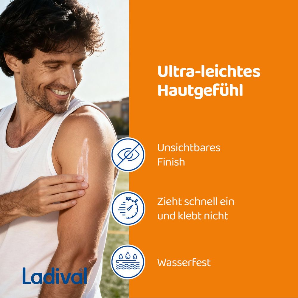Ein Mann trägt Lotion auf seinen Arm auf. Text: Unsichtbares Finish, zieht schnell ein und klebt nicht, wasserfest.