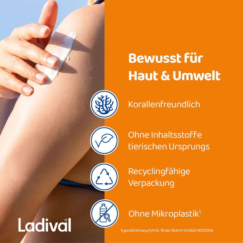 Arm mit Lotion. Text: Korallenfreundlich. Ohne tierische Inhaltsstoffe. Recyclingfähige Verpackung. Ohne Mikroplastik.