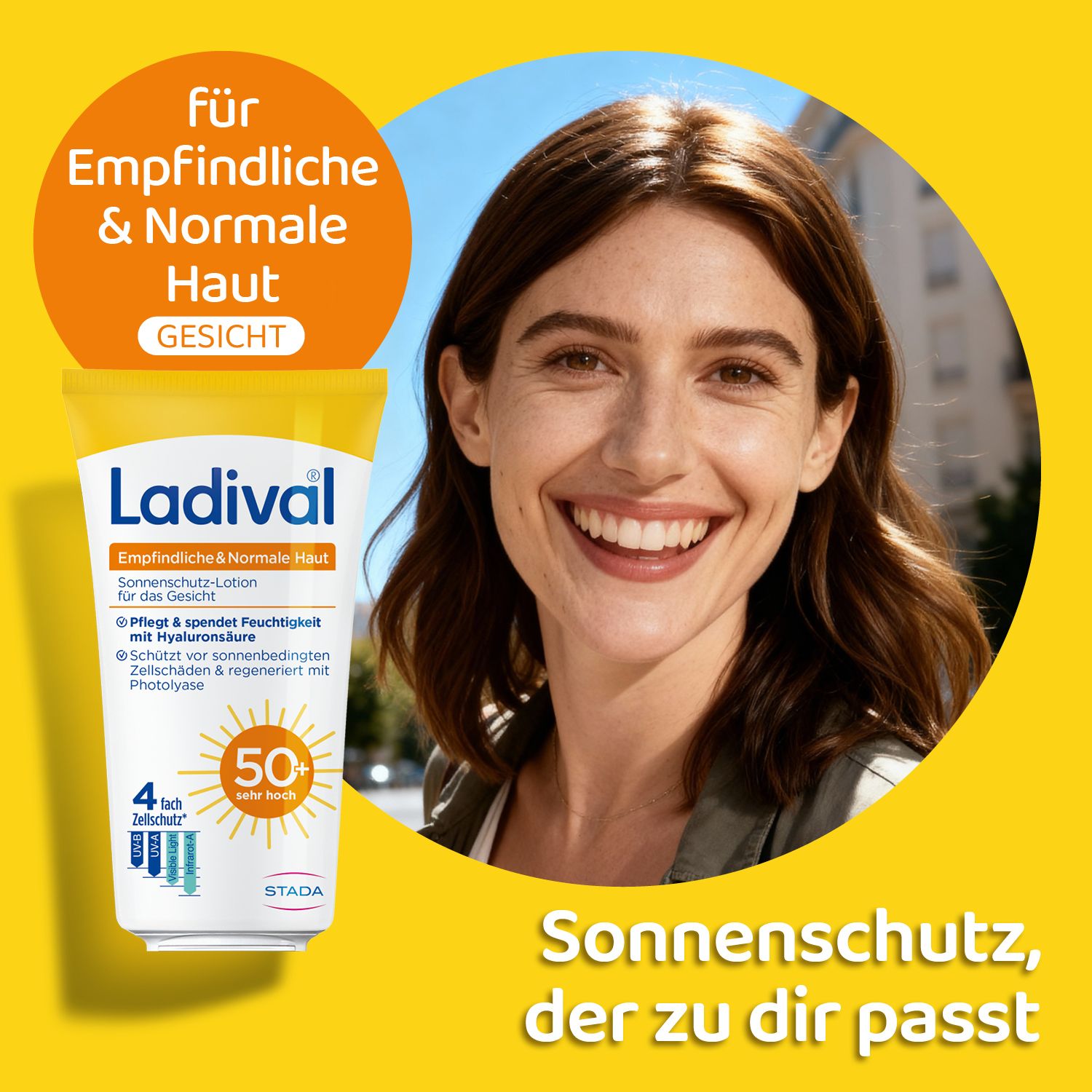 Frau lächelt. Neben ihr eine Tube Ladival® Sonnenschutz LSF 50+ für das Gesicht. Gelber Hintergrund mit Text.
