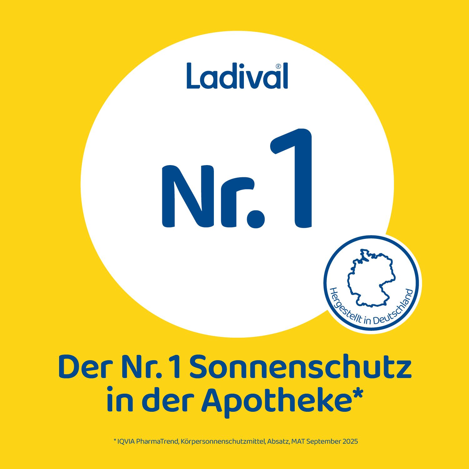 Weißer Kreis mit blauem Text: Ladival® Nr. 1 Sonnenschutz in der Apotheke. Hergestellt in Deutschland.