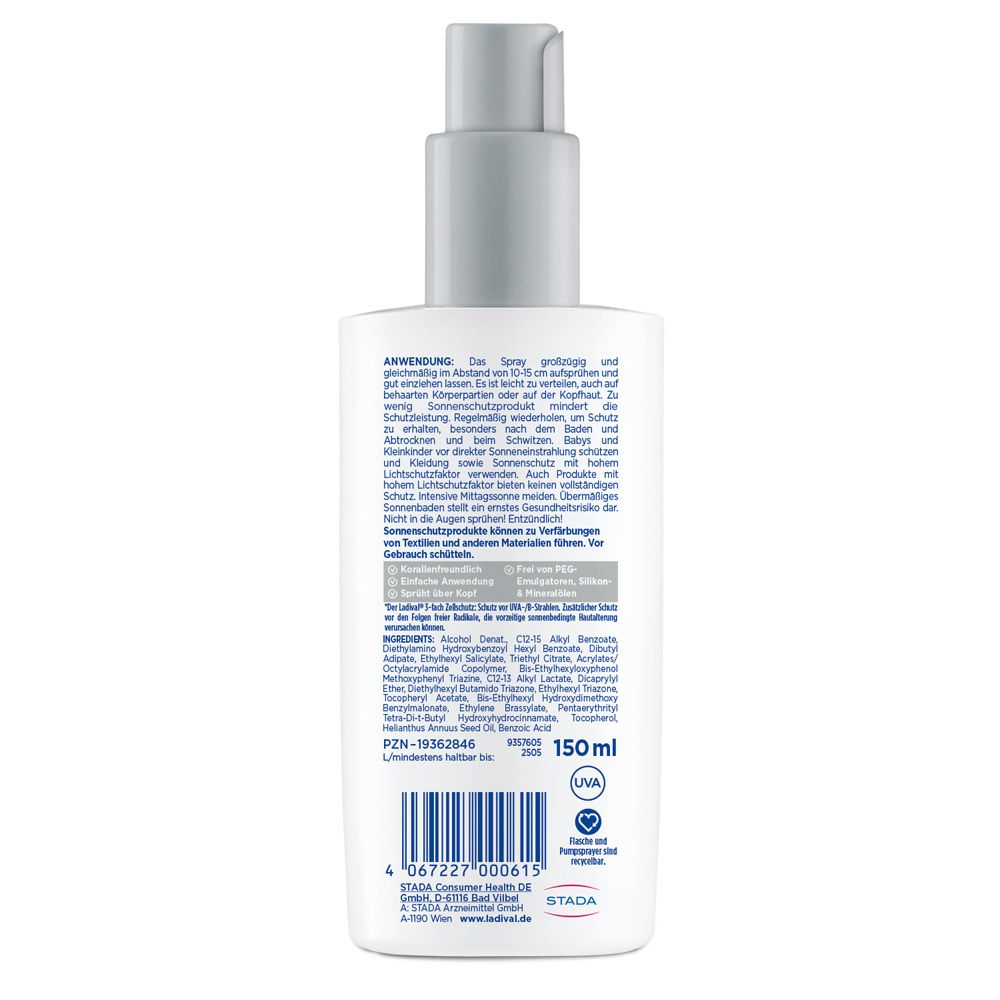 Rückseite einer Ladival Aktiv Sonnenschutz-Spray Flasche. Text mit Inhaltsstoffen und Anwendungshinweisen. 150 ml.