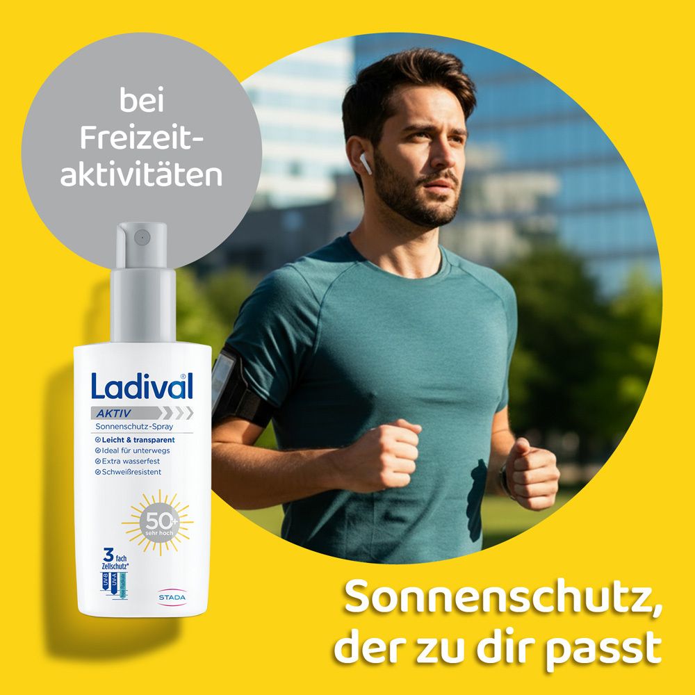 Mann beim Joggen. Ladival Aktiv Sonnenschutz-Spray. Gelber Hintergrund mit Text: Sonnenschutz, der zu dir passt.