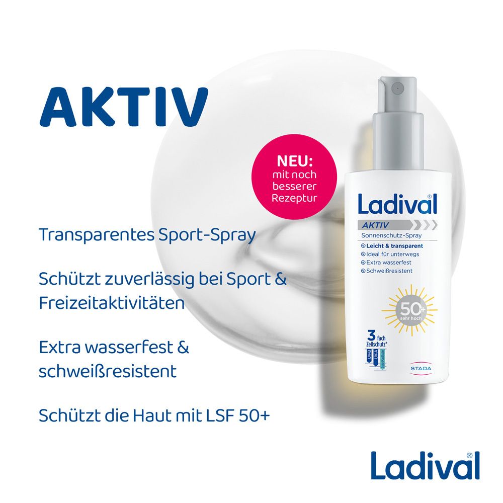Ladival Aktiv Sonnenschutz-Spray. Transparentes Sport-Spray. Extra wasserfest & schweißresistent. LSF 50+.