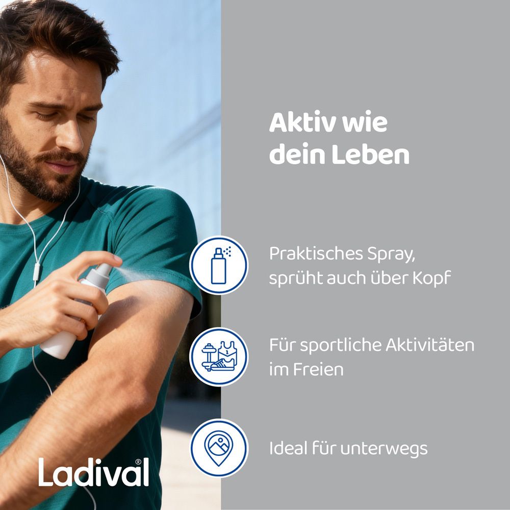 Mann sprüht sich Ladival Aktiv Sonnenschutz-Spray auf den Arm. Praktisches Spray, sprüht auch über Kopf. Ideal für unterwegs.