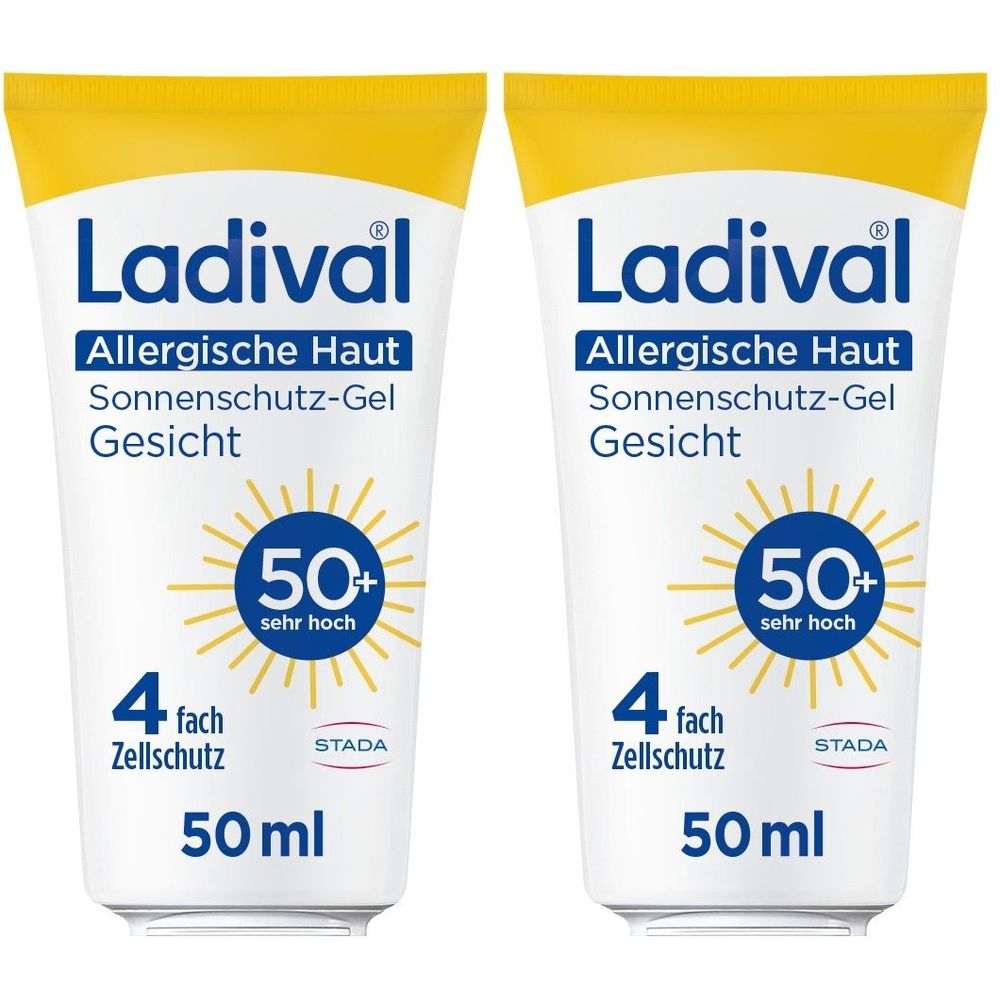 Zwei Tuben Ladival Sonnenschutz-Gel für allergische Haut. Weiß mit gelbem Deckel, Text und Logo.