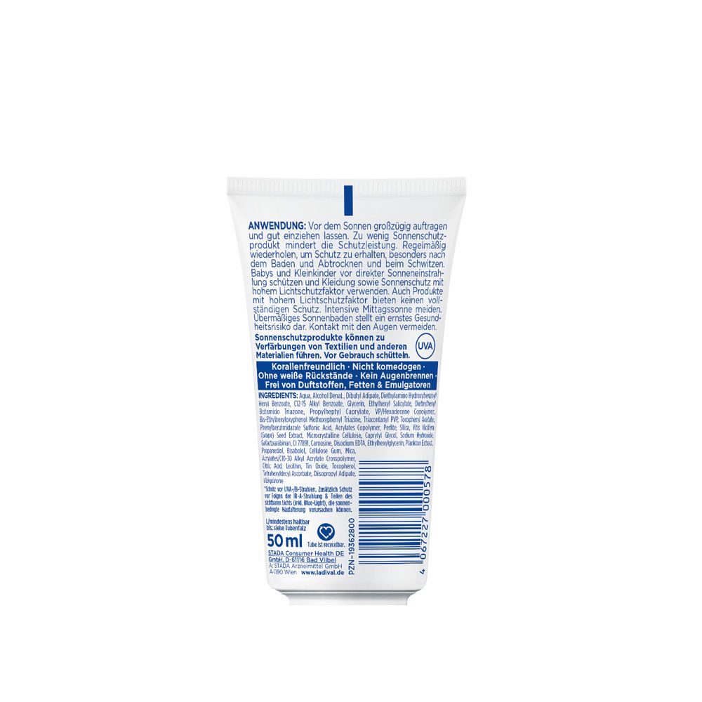 Rückseite einer Tube Ladival® Allergische Haut Sonnenschutz-Gel Gesicht LSF 50+. Text in deutscher Sprache.