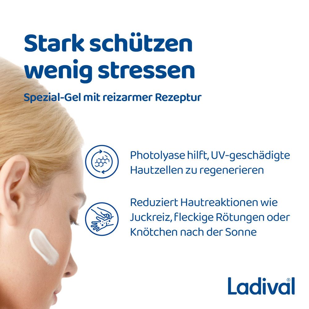 Gesicht einer Frau mit aufgetragener Creme. Text: Spezial-Gel mit reizarmer Rezeptur. Photolyase hilft, UV-geschädigte Hautzellen zu regenerieren.