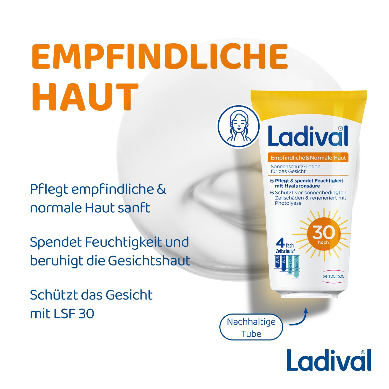Tube Ladival® Sonnenschutz LSF 30 Gesicht. Text: Für empfindliche & normale Haut. Pflegt, spendet Feuchtigkeit, schützt.