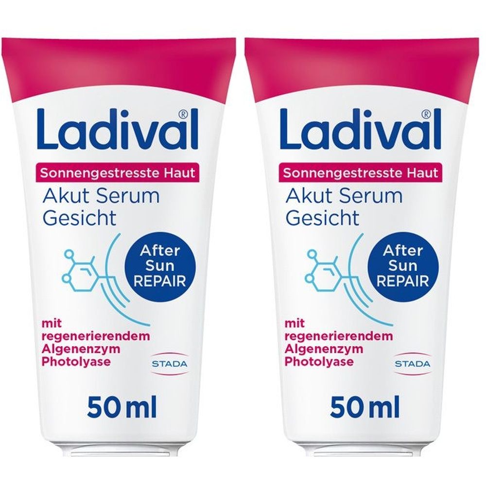 Zwei Tuben Ladival Akut Serum Gesicht. Weiß, mit rotem Deckel. Beschriftung: Sonnengestresste Haut, After Sun Repair, 50 ml.