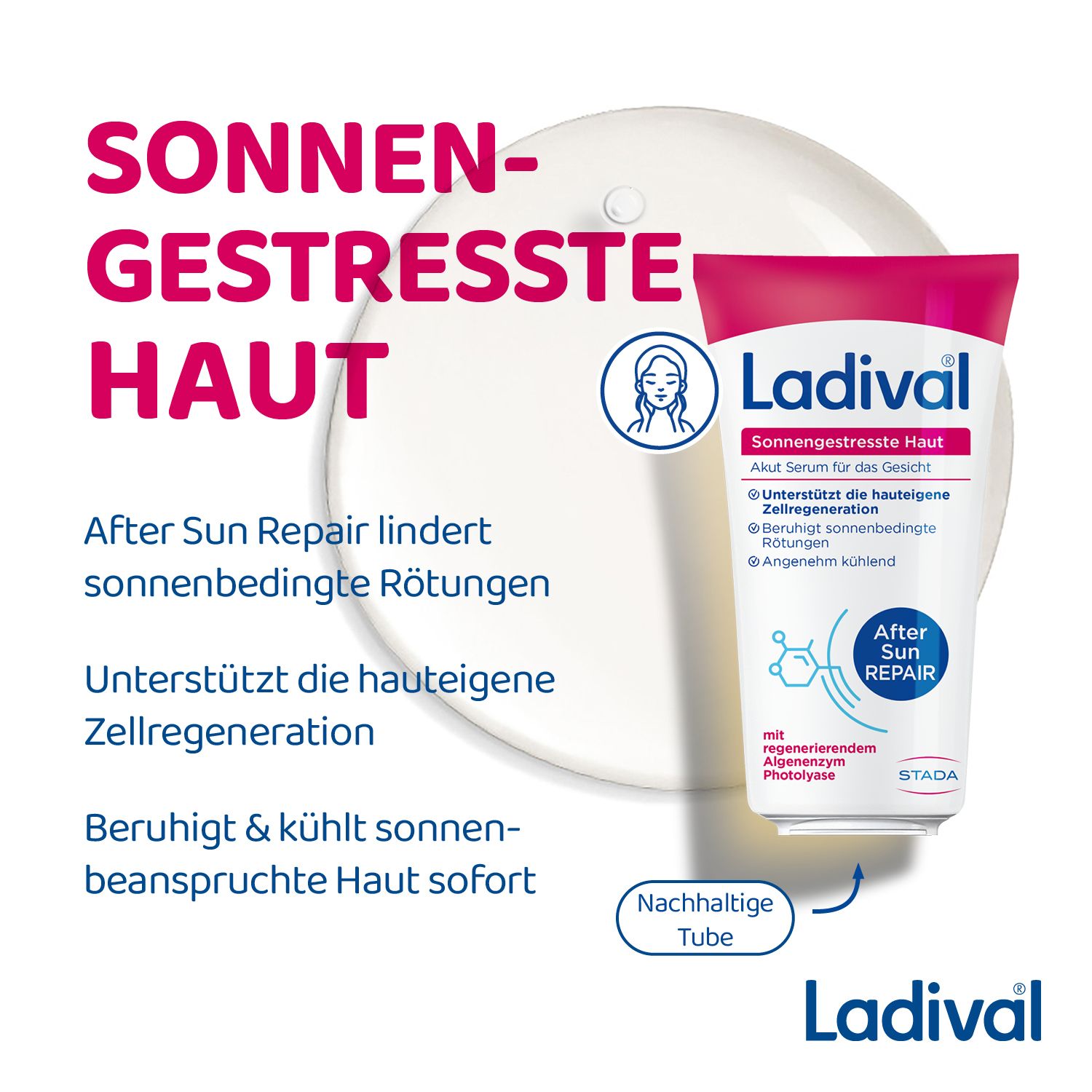 Produktabbildung mit Ladival® Akut Serum Gesicht. After Sun Repair, unterstützt Zellregeneration.