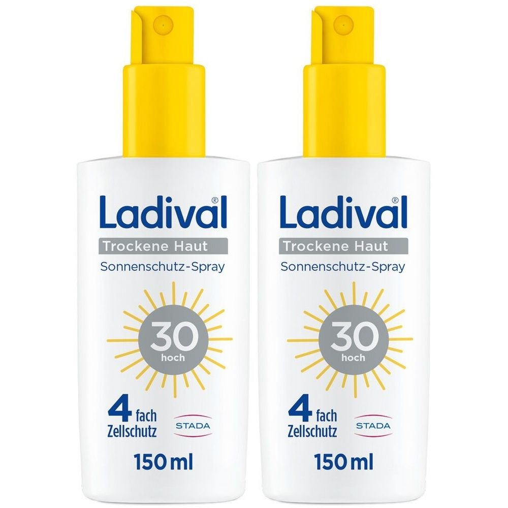 Zwei weiße Sprühflaschen mit gelben Sprühköpfen. Aufschrift: Ladival, Trockene Haut Sonnenschutz-Spray, LSF 30, 4-fach Zellschutz.