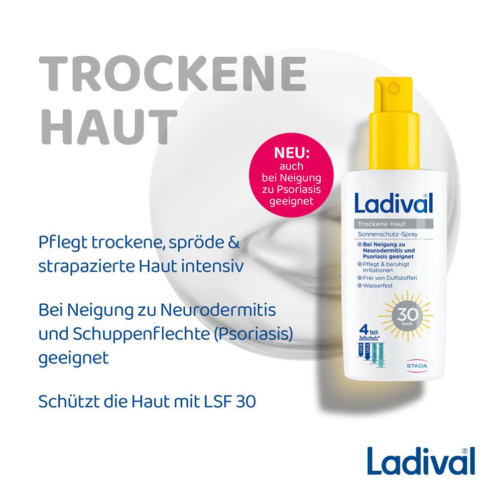 Ladival Trockene Haut Sonnenschutz-Spray. Text: Für trockene Haut, bei Neurodermitis und Psoriasis geeignet, LSF 30. Logo: Ladival.