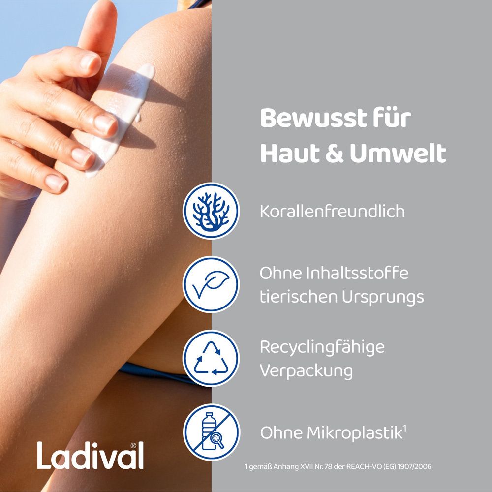 Grafik: Bewusst für Haut & Umwelt. Korallenfreundlich, ohne tierische Inhaltsstoffe, recycelbare Verpackung, ohne Mikroplastik. Logo: Ladival.