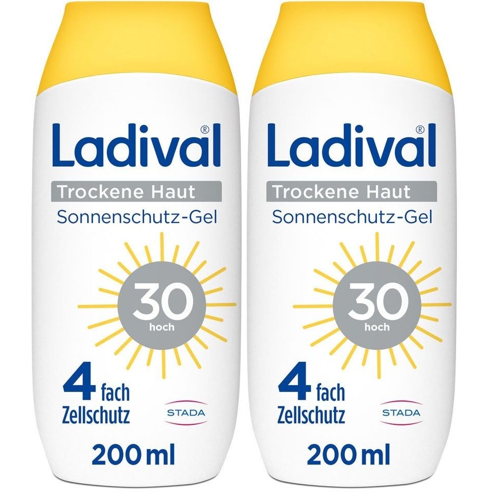 Zwei Flaschen Ladival Sonnenschutz-Gel. Weiß, mit gelbem Deckel. Aufschrift: 30 hoch, 4 fach Zellschutz, STADA.