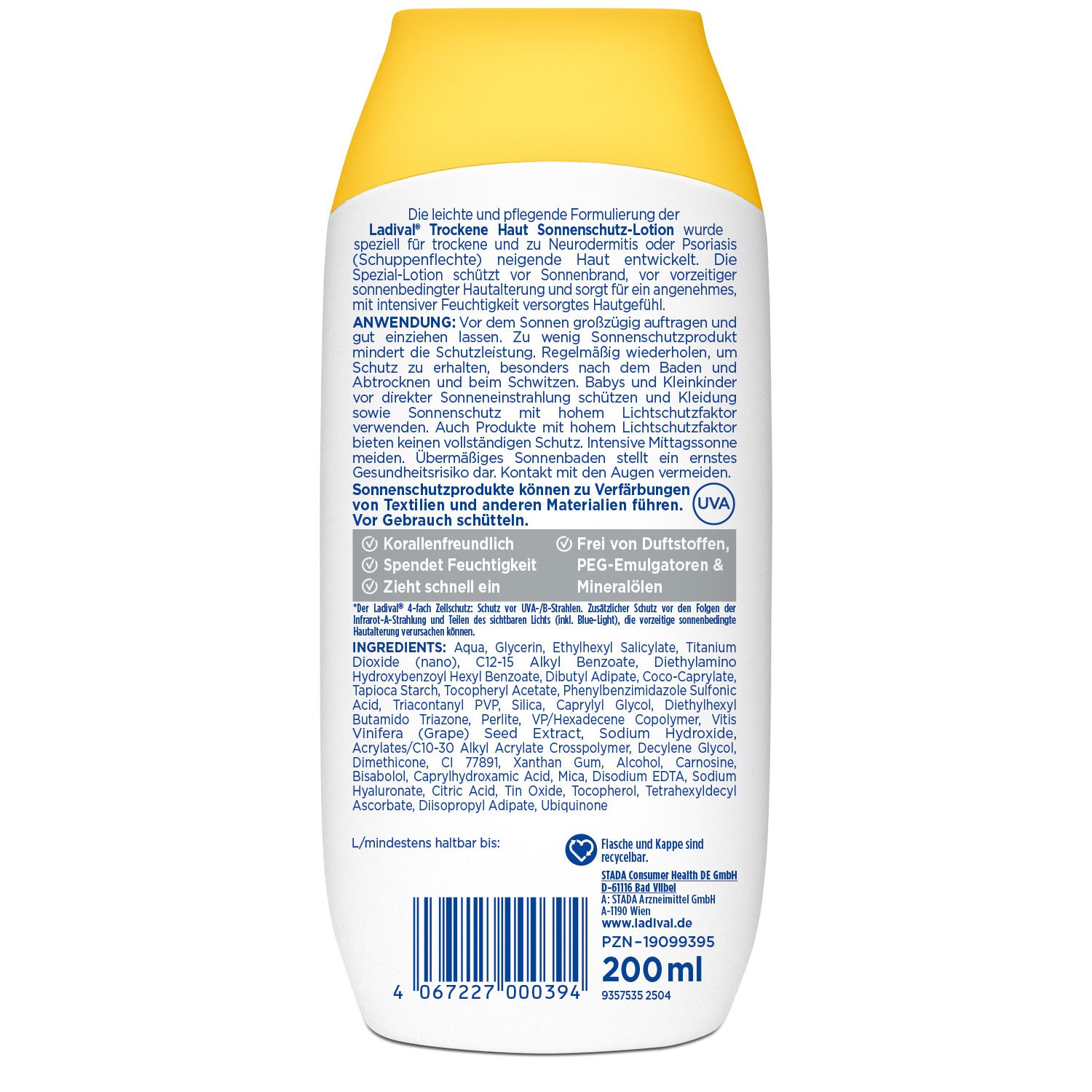 Rückseite einer Ladival-Sonnencreme-Flasche. Text in deutscher Sprache, Inhaltsstoffe, Informationen und Barcode.