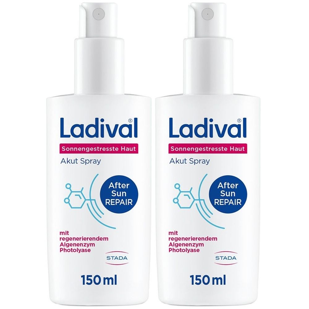 Zwei weiße Sprühflaschen mit Ladival-Logo und Aufschrift 'Sonnengestresste Haut Akut Spray'. Enthält 'After Sun Repair' und '150 ml'.