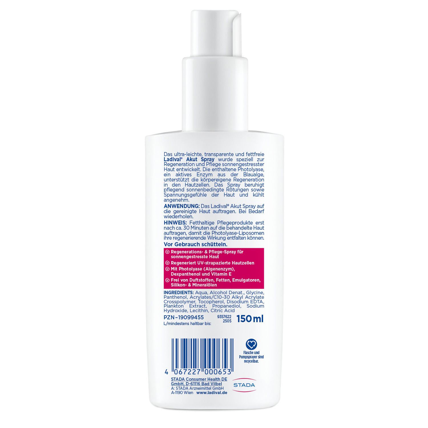 Rückseite einer weißen Sprühflasche mit Text. Enthält Informationen zu Inhaltsstoffen und Anwendung. 150 ml.