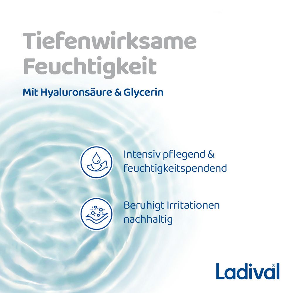 Grafik mit Wassertropfen und Text: Tiefenwirksame Feuchtigkeit. Mit Hyaluronsäure & Glycerin. Beruhigt Irritationen.