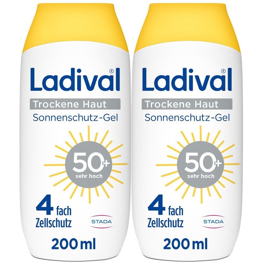 Zwei weiße Flaschen mit gelben Deckeln. Aufschrift: Ladival, Trockene Haut Sonnenschutz-Gel, LSF 50+, 4-fach Zellschutz, STADA.