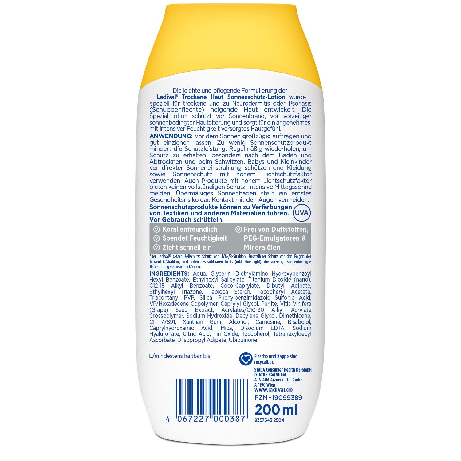 Rückseite einer Ladival Trockene Haut Sonnenschutz-Lotion. Text mit Inhaltsstoffen und Anwendungshinweisen. 200 ml.