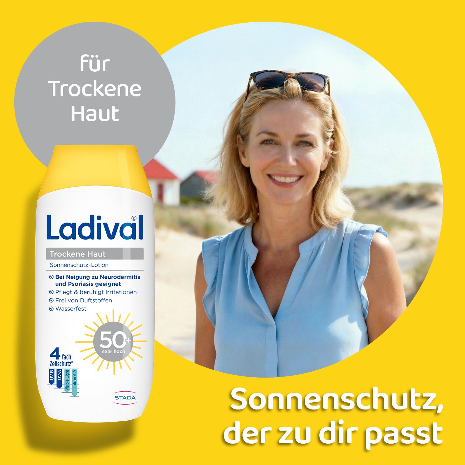 Frau am Strand mit Ladival Trockene Haut Sonnenschutz-Lotion. Produkt neben der Frau. Text: Sonnenschutz, der zu dir passt.