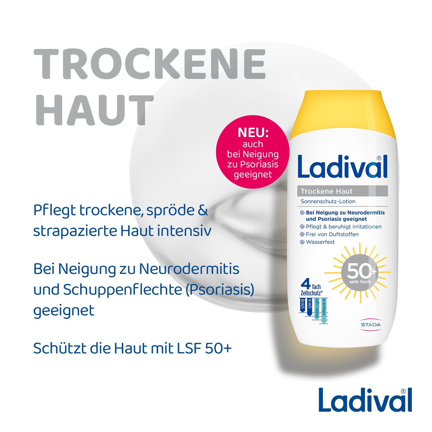 Ladival Trockene Haut Sonnenschutz-Lotion. Text: Für trockene Haut. Geeignet bei Neurodermitis und Psoriasis. LSF 50+.