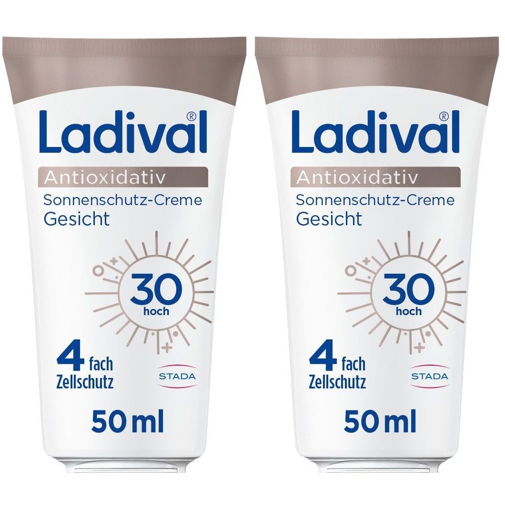 Zwei Tuben Ladival Sonnenschutz-Creme Gesicht LSF 30. Weiße Tuben mit braunem Deckel, Text und Logo.