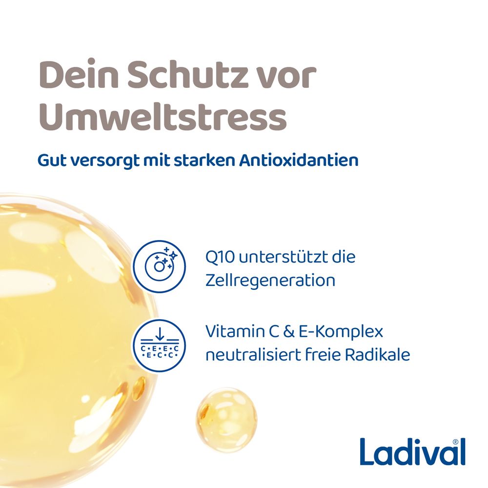 Gelbe Kugel mit Text: Dein Schutz vor Umweltstress. Q10 unterstützt Zellregeneration. Vitamin C & E neutralisiert freie Radikale.