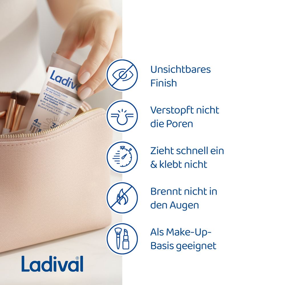 Ladival Sonnenschutz-Creme Gesicht. Text: Unsichtbares Finish, verstopft nicht die Poren, zieht schnell ein. Als Make-Up-Basis.