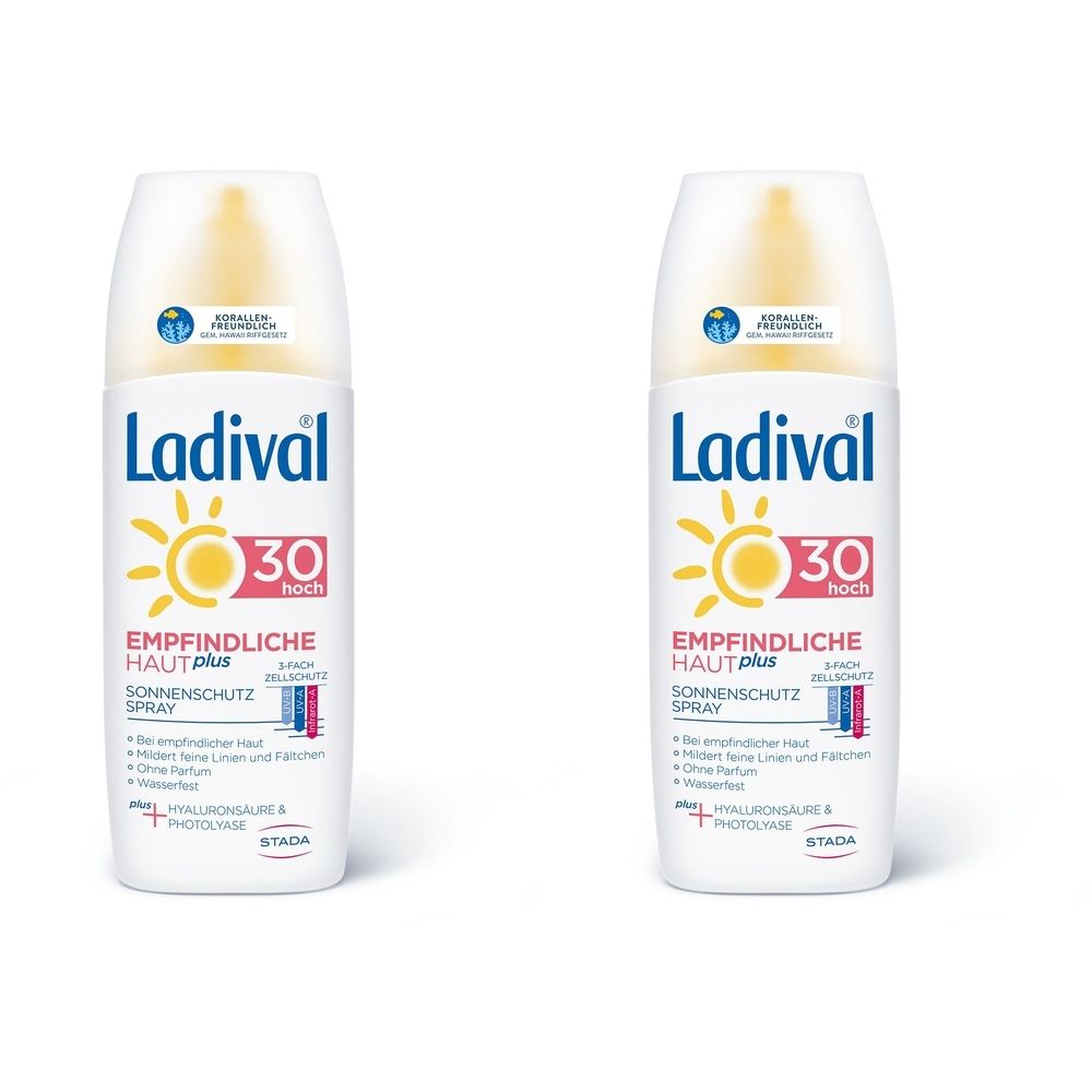 Zwei weiße Sprühflaschen mit gelbem Deckel. Aufschrift: Ladival, LSF 30, Empfindliche Haut plus, Sonnenschutz Spray.