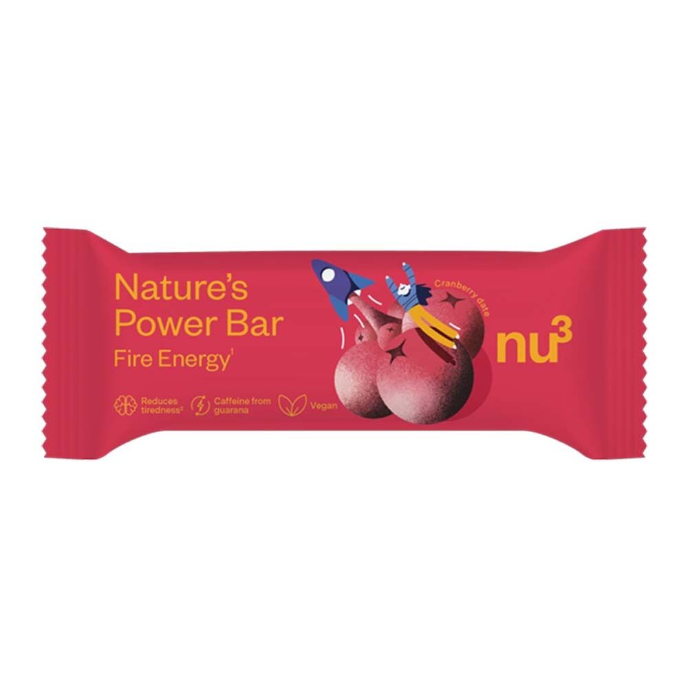 Roter Riegel mit Aufschrift 'Nature's Power Bar Fire Energy' und Logo 'nu3'. Enthält Cranberry-Aroma. Vegan.