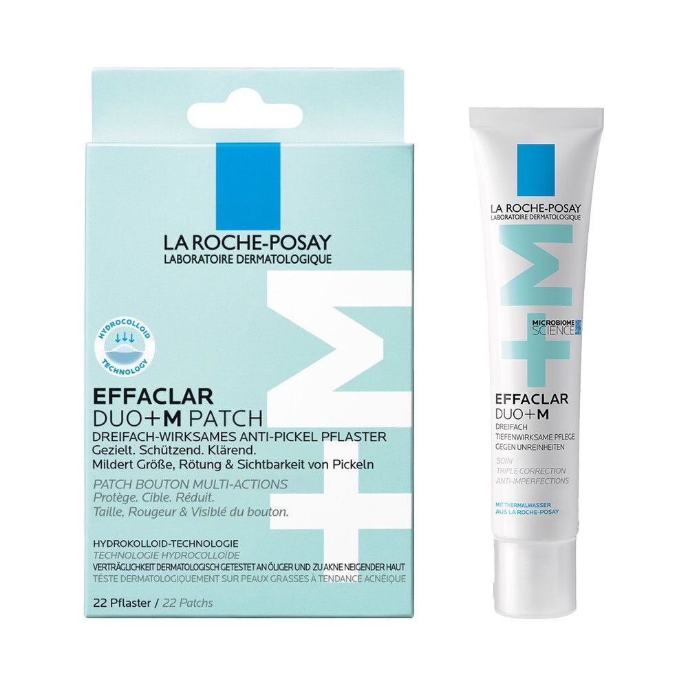 La Roche-Posay Effaclar Duo+M Patch und Creme. Verpackung und Tube mit Produktinformationen. 22 Pflaster.