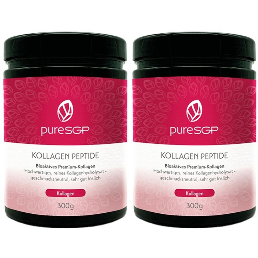 Zwei Dosen mit schwarzem Deckel und rotem Etikett. Aufschrift: pureSGP KOLLAGEN PEPTIDE, 300g. Enthält Kollagen. Bioaktives Premium-Kollagen.