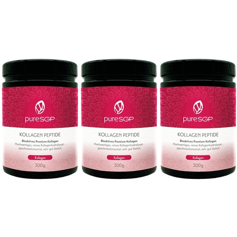 Drei Dosen pureSGP Kollagen Peptide. Schwarze Deckel, rosa Etiketten mit Produktbezeichnung und Logo. Aufschrift: 300g.