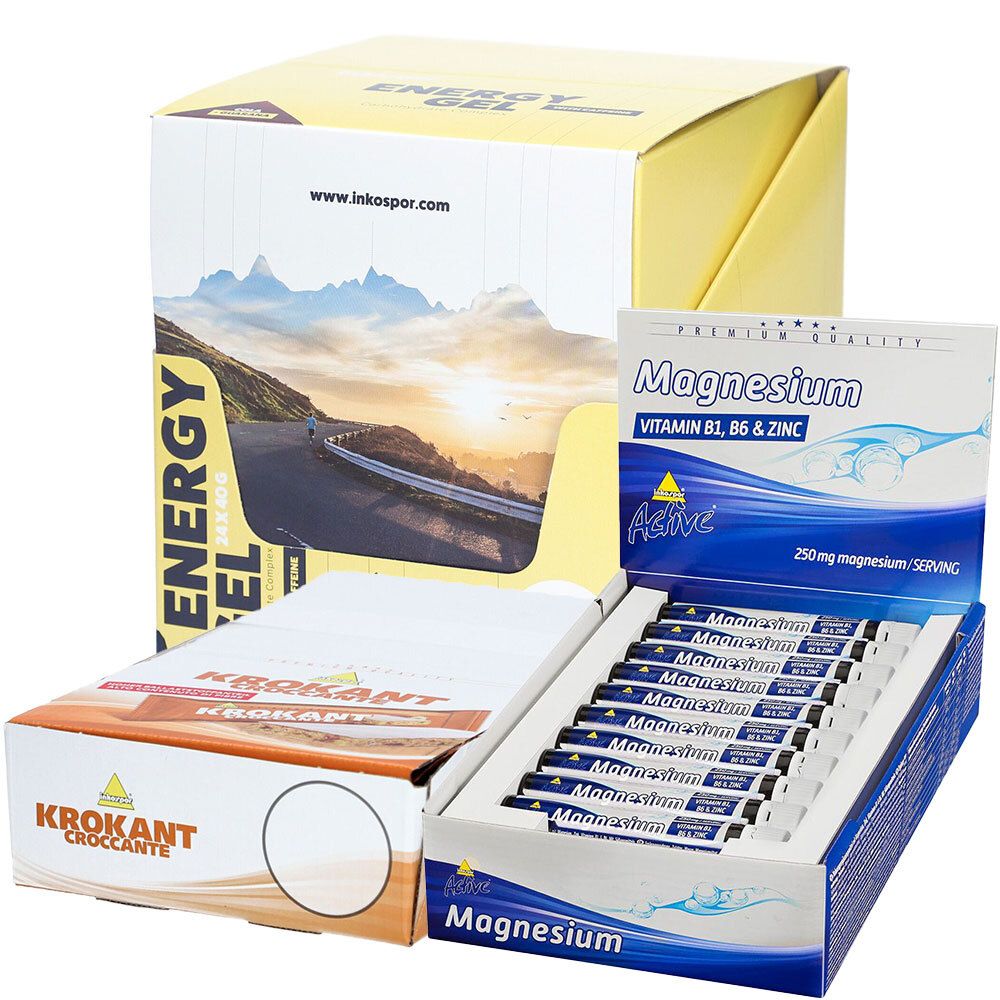 Mehrere Produktverpackungen. Inkospor Energy Gel, Krokant, und Magnesium Active. Magnesium-Packung mit Einzelsticks.
