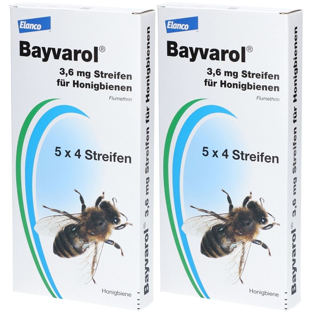 Zwei Kartons mit "Bayvarol"-Streifen für Honigbienen. Aufschrift: 5 x 4 Streifen. Logo: Elanco.