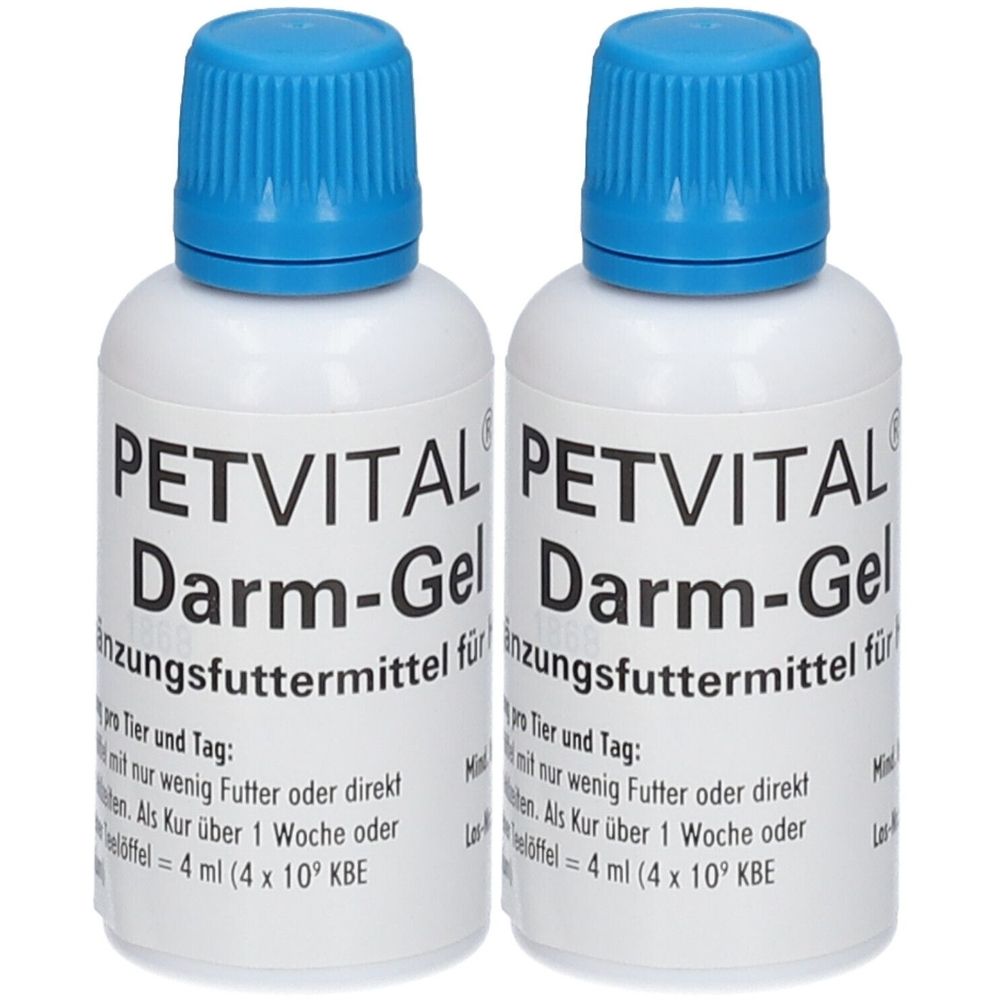 Zwei weiße Flaschen mit blauem Deckel. Aufschrift: PETVITAL Darm-Gel. Text in deutscher Sprache.