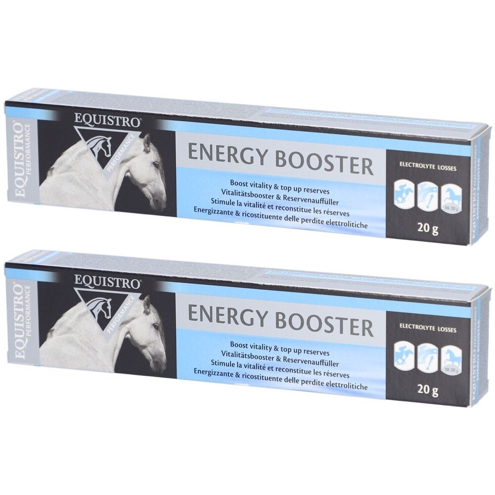 Zwei Schachteln EQUISTRO Energy Booster. Blaue und weiße Verpackung mit Produktnamen und Logo. Enthält 20g.
