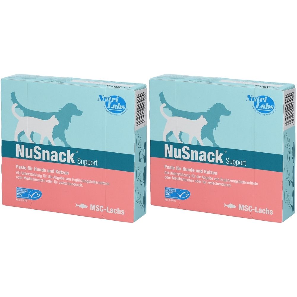 Zwei quadratische Kartons mit der Aufschrift "NuSnack Support". Hellblauer Hintergrund, rosa Unterteil, Logo mit Hund und Katze.