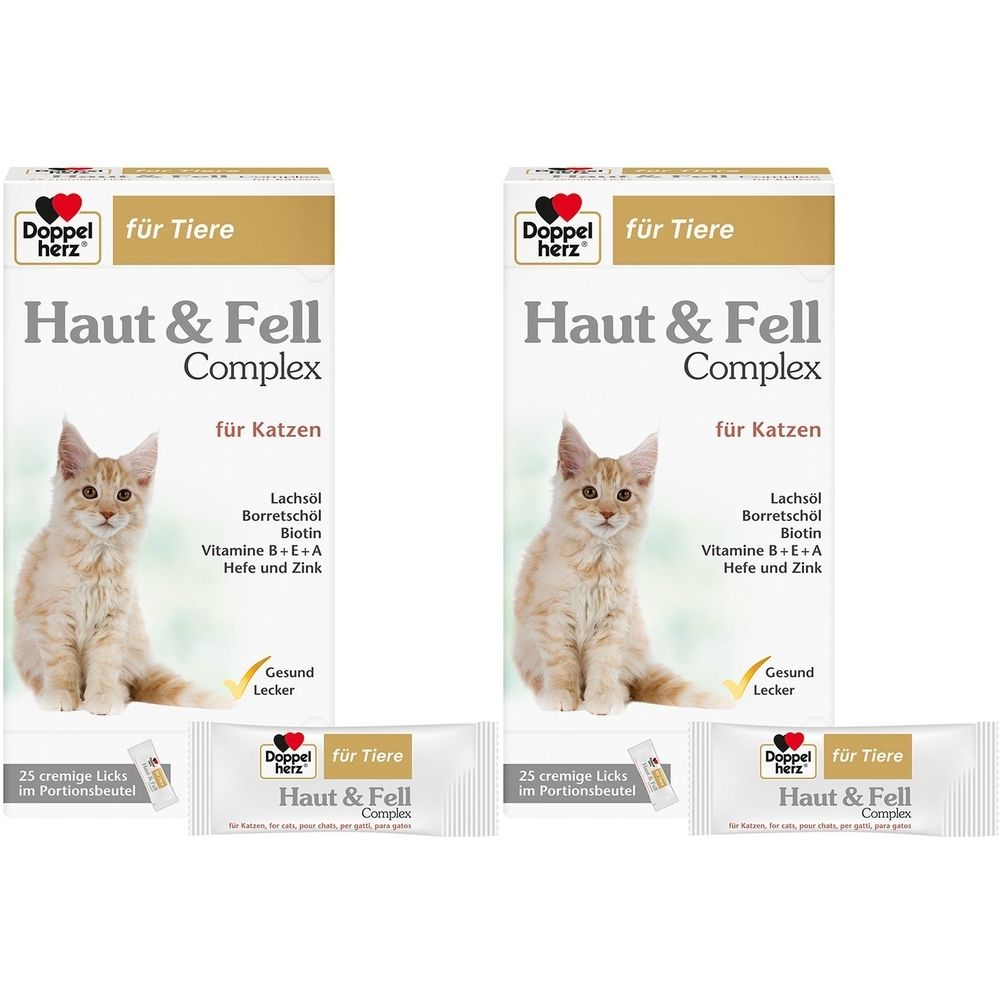 Zwei Produktverpackungen mit dem Logo Doppelherz für Tiere. Aufdruck: Haut & Fell Complex für Katzen, mit Katze.