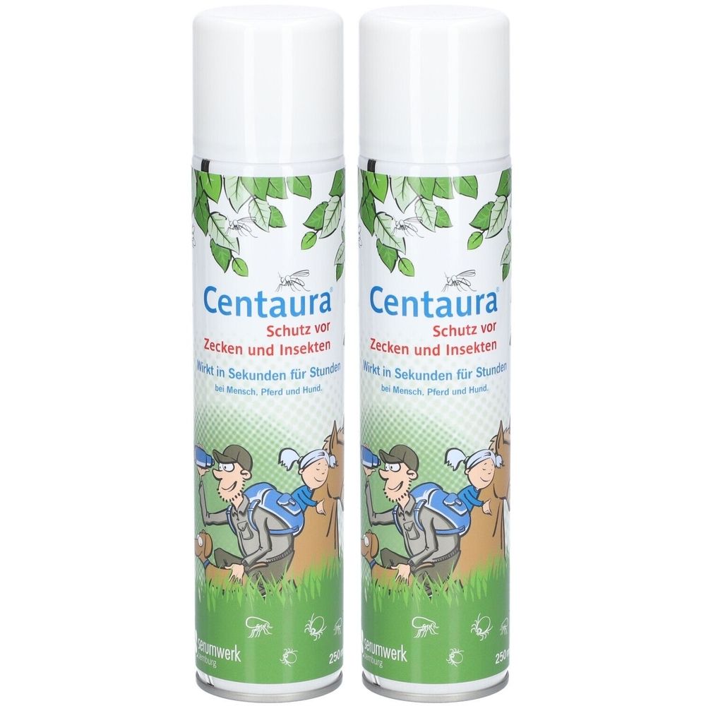 Zwei Sprays mit weißem Deckel. Aufschrift Centaura, Schutz vor Zecken und Insekten. Illustration eines Mannes mit Pferd.